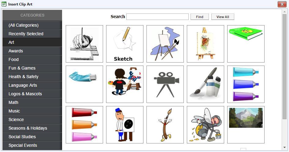 Clipartmanager opens a window of stock clip arts that you can use for your page.