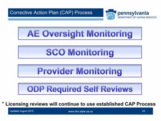 The Corrective Action Plan Process or CAP includes but is not limited to the following oversight and monitoring processes: * AE Oversight * SCO Monitoring * Provider Monitoring * ODP required self