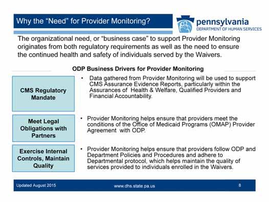 You may ask, Why Provider Monitoring? Why continue implementation? The statewide Provider Monitoring process was developed to support the Assurances ODP made to CMS.