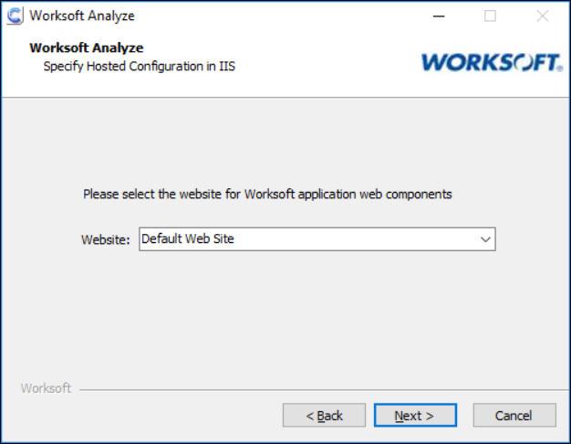 Installing Worksoft Analyze The Specify Hosted Configuration in IIS page appears.