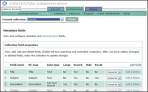 Figure 17: Metadata Fields page in CONTENTdm Administration Step 4: Confirm project settings Although we confirmed settings on the CONTENTdm Server, settings can be set for the project in