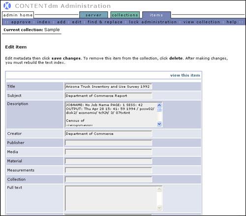 Figure 29: Editing item metadata in CONTENTdm Administration Click Save Changes to save edits or deletions. A confirmation page displays.