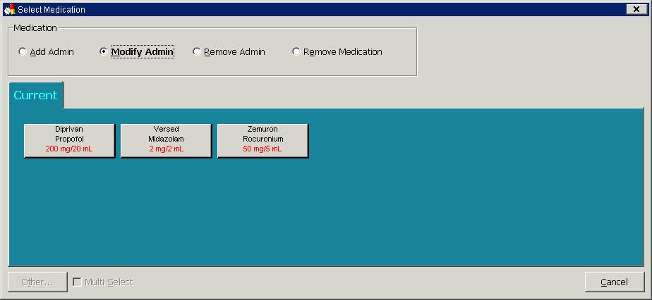 To modify any of the medication administrations, click on the Modify Admin radio button or you can also mouse on the dot to the right of the dose, right click and select Modify Medication.