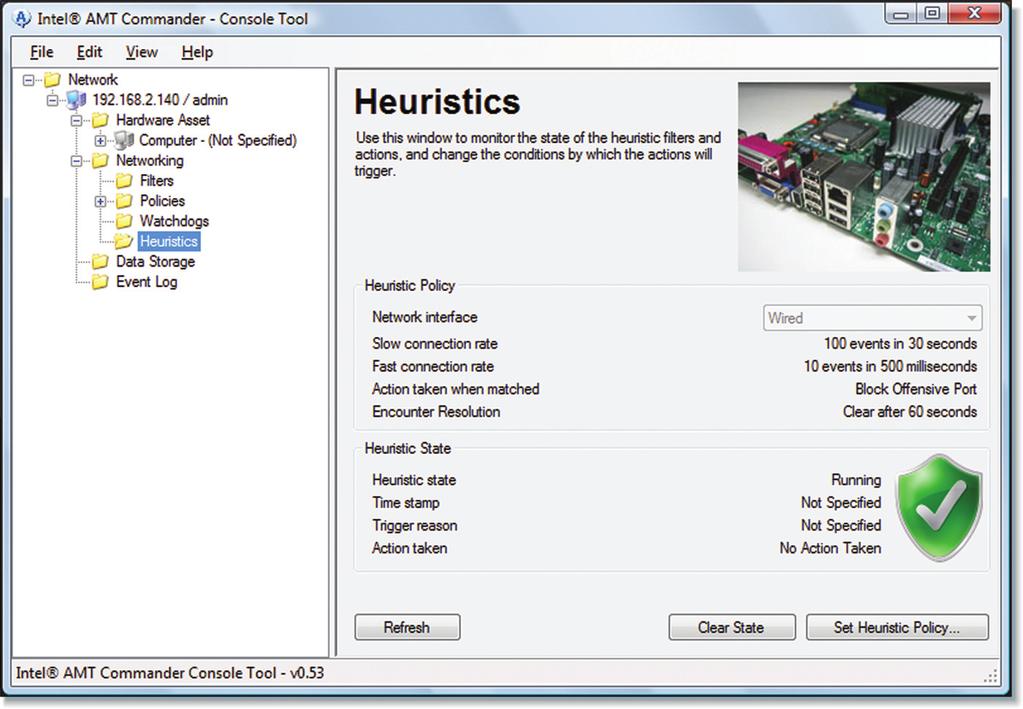 172 Active Platform Management Demystified Figure 10.5 Monitoring the State of Heuristic Filters Heuristic Policy The heuristic filter feature is enabled and set up by the network administrator.