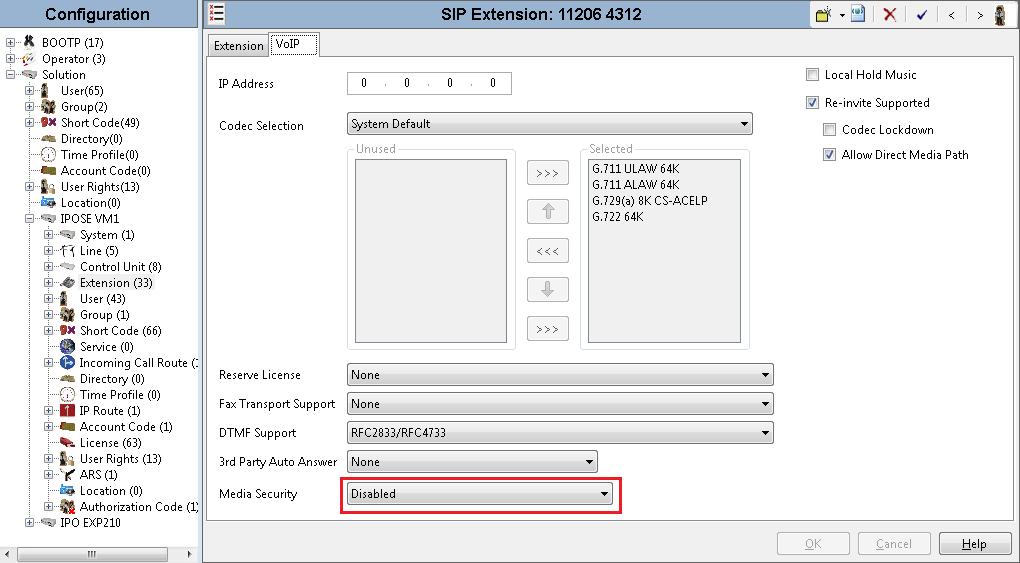 Select the VoIP tab, select Disable in the Media Security dropdown menu and retain the default values in all fields.