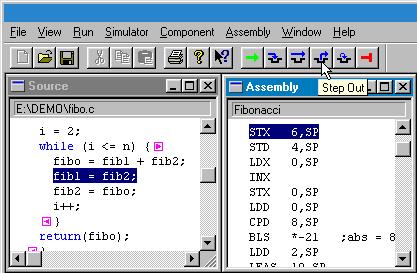 C Source-Level Debugging Figure B-6. Stepping-at-Source Level Window The debugger provides two ways of stepping to the next source instruction: 1. Select Run Single Step. 2.