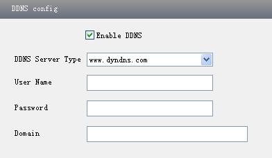 2. Select the server type and then input the username, password and domain name you apply for in the DDNS configuration interface.