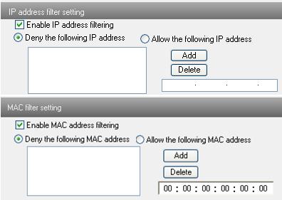 2. Check Enable IP address check box, select Deny the following IP address, input IP address in the IP address list box and click Add button.