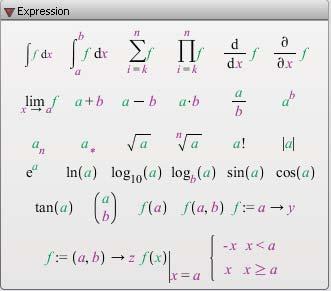 88 3 Worksheet Mode Figure 3.1: Expression Palette You can use palettes to enter input. For example, evaluate a definite integral using the definite integration item Expression palette.