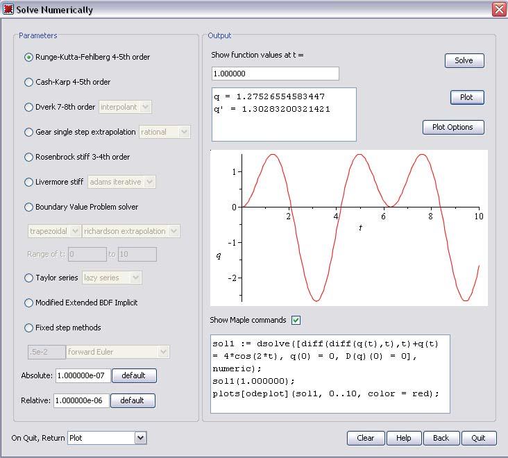 4.4 Solving Equations 123 Figure 4.4: ODE Analyzer Assistant: Solve Numerically Dialog To solve a system symbolically using the ODE Analyzer Assistant: 1. Click the Solve Symbolically button. 2.