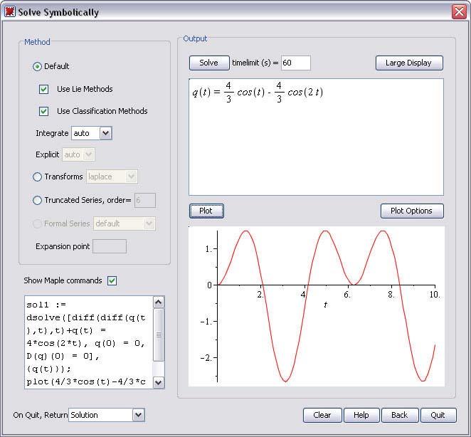 124 4 Basic Computations Figure 4.5: ODE Analyzer Assistant: Solve Symbolically Dialog When solving numerically or symbolically, you can view a plot of the solution by clicking the Plot button.