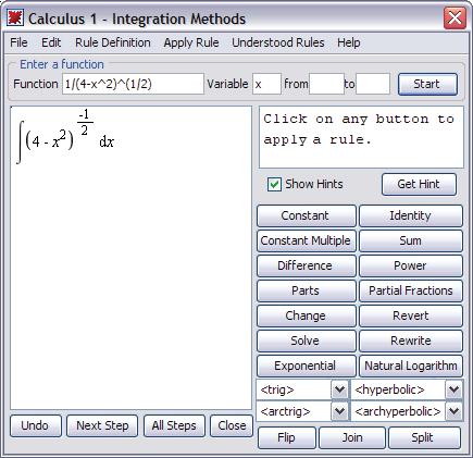 5.8 Clickable Math Examples 231 Solution by Integration Methods Tutor Action 1. Load the Student Calculus 1 package.