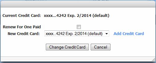 To change credit card details, click the Change Credit Card link to open a configuration window under the Action column.
