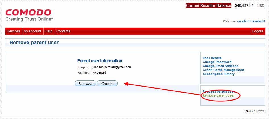 A user can remove this association by clicking the Remove parent user under the Request parent user link.