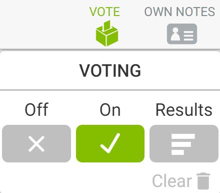 Voting 1 of 3 Facilitators have the option to activate voting so that everyone can vote on notes. Facilitators can change vote settings ( On, Off, Results ) directly from the Wall.