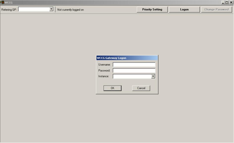 WCCG Gateway Logon 3. The WCCG Gateway Logon screen displays. Enter your details and click OK to logon.
