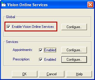 Click the Online icon, or select Actions Online Services Config. Control Panel 3. This will open the Vision Online Services Configuration screen.