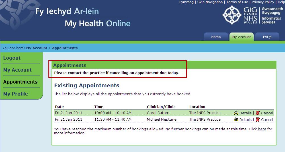 Add Appointments Message 1. From the Vision Online Services Appointments Configuration screen, select the General tab. 2. Select English or Welsh from the drop-down list.