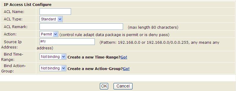 Create one IP standard access list, which can be named by numbers or by the user. If using numbers to name the list, the four kinds of access lists have fixed number ranges.
