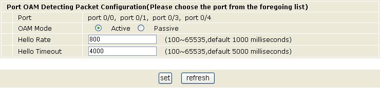Hello rate: It is the interval for sending hello packets (that is information OAMPDU) of Ethernet OAM. The default value is 1000.