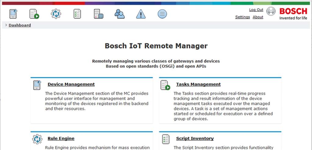 4.12 Management Console - GUI The Bosch IoT Remote Manager provides system operators/administrators with