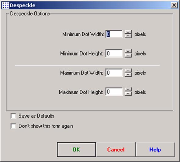 Despeckle Dialog Box Illustration [48] Despeckle dialog box [48] Despeckle dialog box Despeckle Option The 'Despeckle' option provides a dialog box that enables you to despeckle an image.