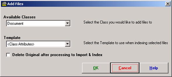 How to select a class and template The selection dialog box After you click the 'OK' button on the 'Add Files' dialog box, you must select the class and the template to connect with the files.