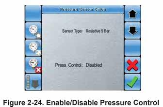 Illustration 25 - Enable/Disable Pressure Control PRESSURE CONTROL SETUP (IF ENABLED) 1. Select to enter Pressure Based Control Setup. 2. Select to set your reference pressure 3.