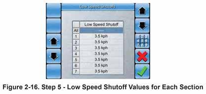 Use the Up and down Arrows on the right, or the numeric keypad, to set the low speed shutoff valve for each section 12. Select to confirm.