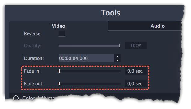 The clip properties will open in the Tools panel above. Step 3: Set the fade length using the sliders on the Video tab.