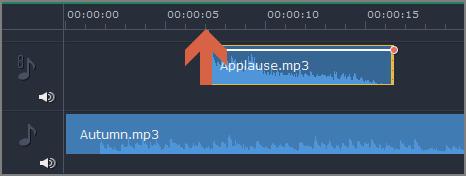 To change when the audio clip starts playing, drag it along the Timeline, using the ruler at the top for time reference.