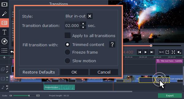 The format is seconds:milliseconds. If you want all transitions that are currently in the project to have the same length, select the Apply to all transitions option. 3. Click OK to apply the changes.