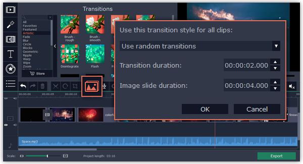 3. In the Transition duration box, enter the length that you want to set for all transitions. A transition cannot be longer than the shortest clip in your project. 4.