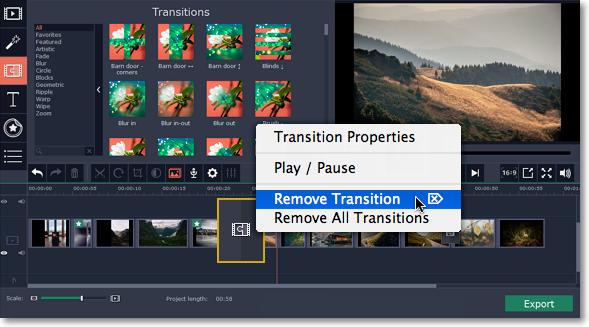 Using the right-click menu To add one transition to all the clips in your project, right-click the transition's thumbnail and choose Add to All Clips from the pop-up menu.