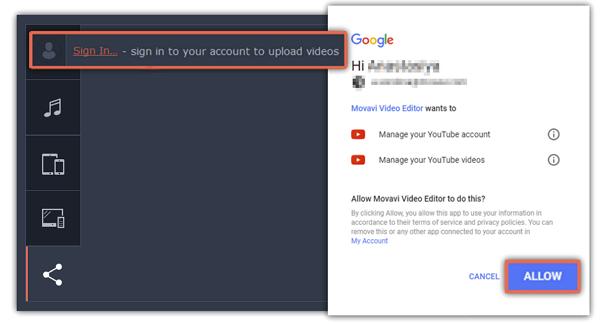 Step 4: Sign in to your account 1. Click Sign in. The authentication page will open in your browser. 2. Sign in to your account and click Allow to let Movavi Video Editor upload videos.