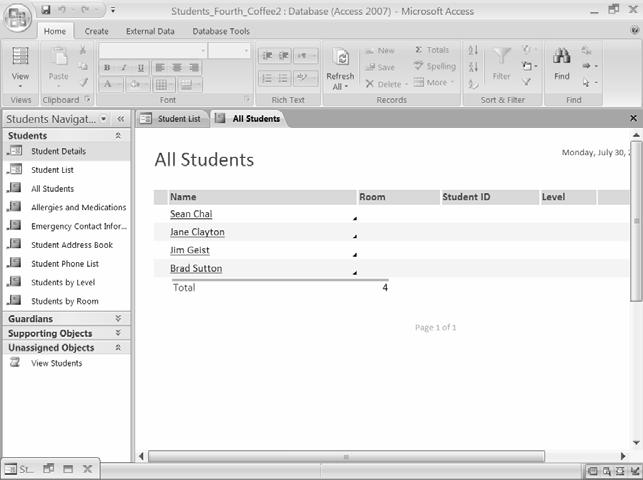 Working with Macros 8 5. On the Student Details form, click View Students. Minimize the Student Details form if necessary to view the All Students report, as shown in Figure 11.