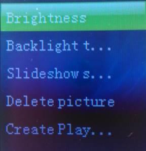 picture; Sub menu item: brightness,backlight timer,,slide show settings, Delete picture, Create Playlist. 1.