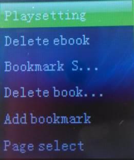 Ebook menu include playing setting,delete ebooks,bookmark select,delete bookmark,add bookmark,page select,local folder,card folder. 2.