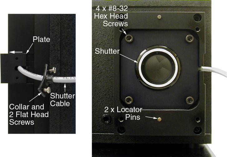 3. Slide the plate off. 4. Using a 9/64 hex wrench, remove the four shutter assembly mounting screws (Figure 2-8) 5. Remove the shutter and cable assembly. 6.
