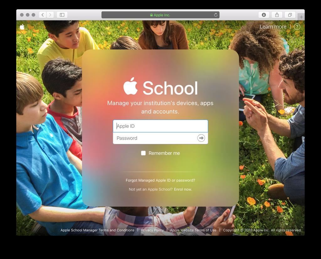 Log in to the Apple School Manager website The Apple School Manager (ASM) website (located at https://school.apple.com) allows you to purchase Apps and Books for distribution to devices and users.