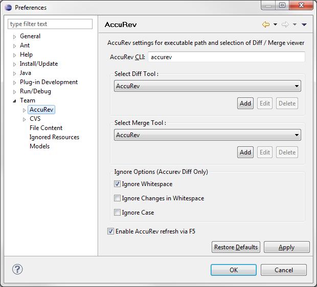 Setting AccuRev Preferences in Eclipse The AccuRev page in the Eclipse Preferences window lets you specify general AccuRev settings such as which Diff and Merge tools you want AccuRev to use, and