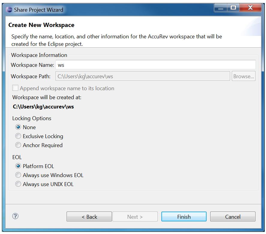 5. Optionally, change the default values for locking options and end-of-line (EOL) convention for the new workspace.