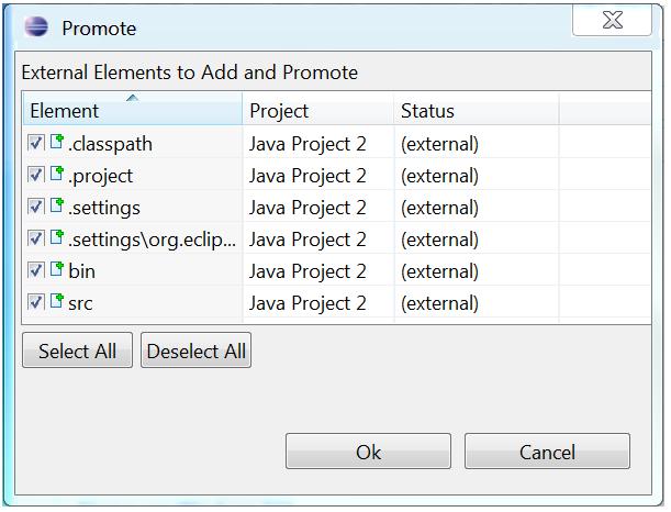 The External Elements to Add and Promote dialog box appears with all elements selected. 8.