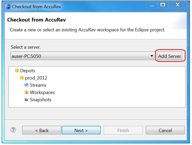 2. In the Wizards field, navigate to AccuRev > Project from AccuRev.