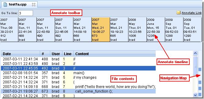 Annotate The Annotate command shows the contents of the selected version of a text file, annotating each line with: The timestamp of the version in which that line was added to the file The number of