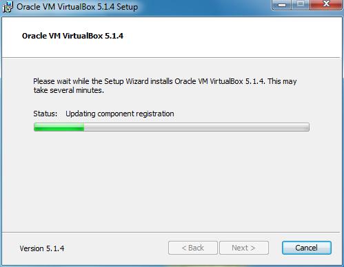 After that the VirtualBox installation will start, displaying a progress bar as shown in the next picture.