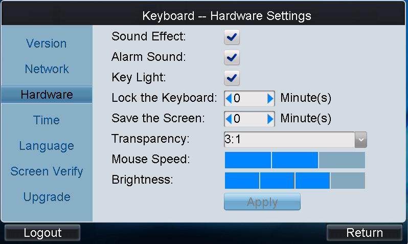 Brightness: Select the screen brightness to level 0~3. Click Apply to save the settings. 3.2.4 Configuring Time Settings Date: Click to select the date from the calendar.