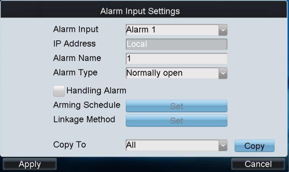 (1) Click Set beside Alarm Input to enter the Alarm Input Settings interface. (2) Select the alarm input for configuration. (3) Edit the Alarm Name.