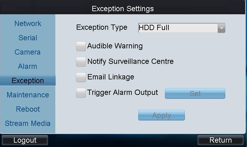 (2) Select the alarm output (s) for manual triggering. (3) Click OK to return to the Alarm Settings interface. 4.1.1.5 Exceptions Configure the exception handling method (s) for each exception type.
