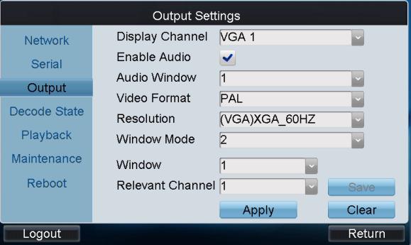 4.1.2.3 Output Settings You can configure parameters for the display of decoded output video on monitor. 1. Click Output on the remote settings interface to enter the Output Settings interface. 2.